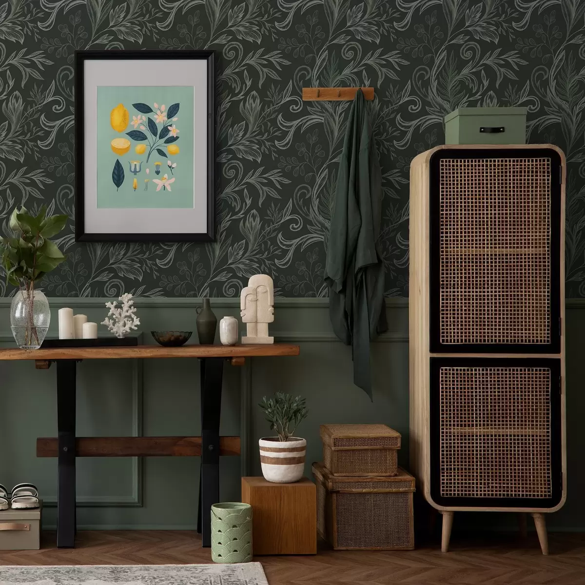 Tapety Hluboký les se zvlněnými listy v křídově zelených tónech a00935v2