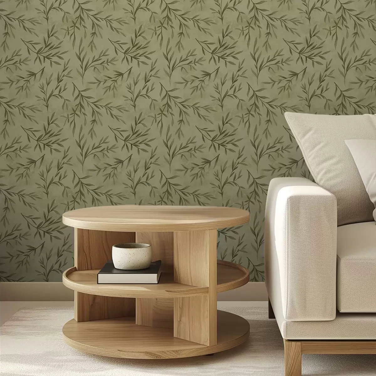 Tapety Olivové větvičky na tlumeném žlutozeleném texturovaném pozadí a00936