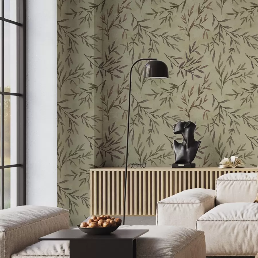 Fototapet Lilacové a zelené větve s listy na teplém pozadí a00936v4