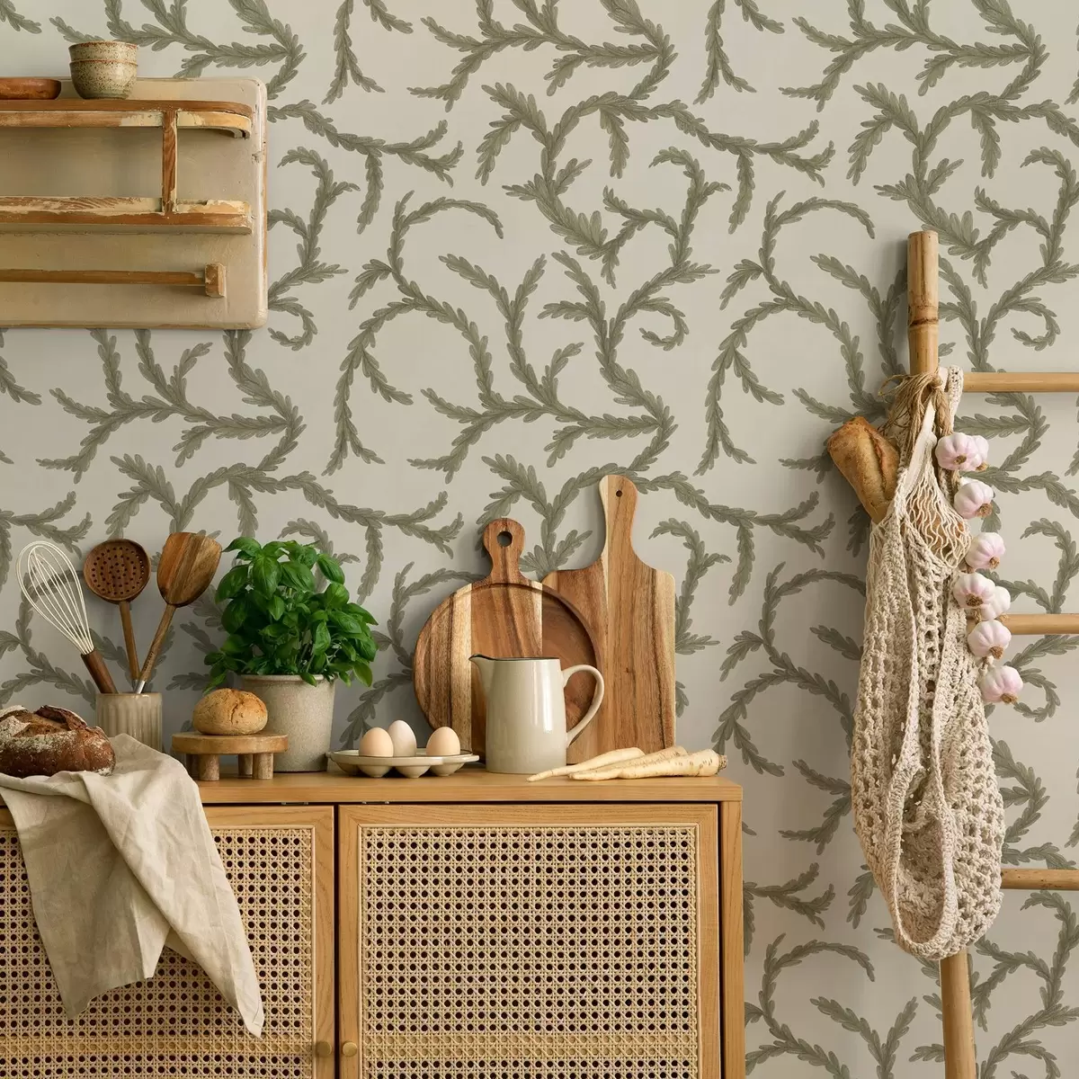 Tapety Jemné zelené jehličnaté kudrlinky na světlém pozadí a00938