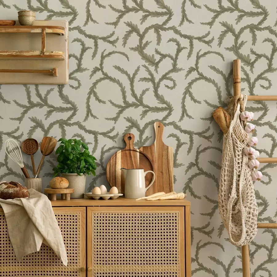 Fototapet Jemné zelené jehličnaté kudrlinky na světlém pozadí a00938