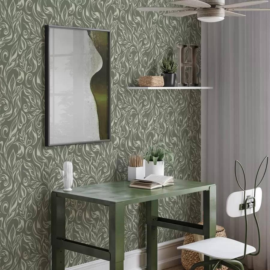 Fototapet Krémový listový ornament na zelenošedém pozadí a00940v2