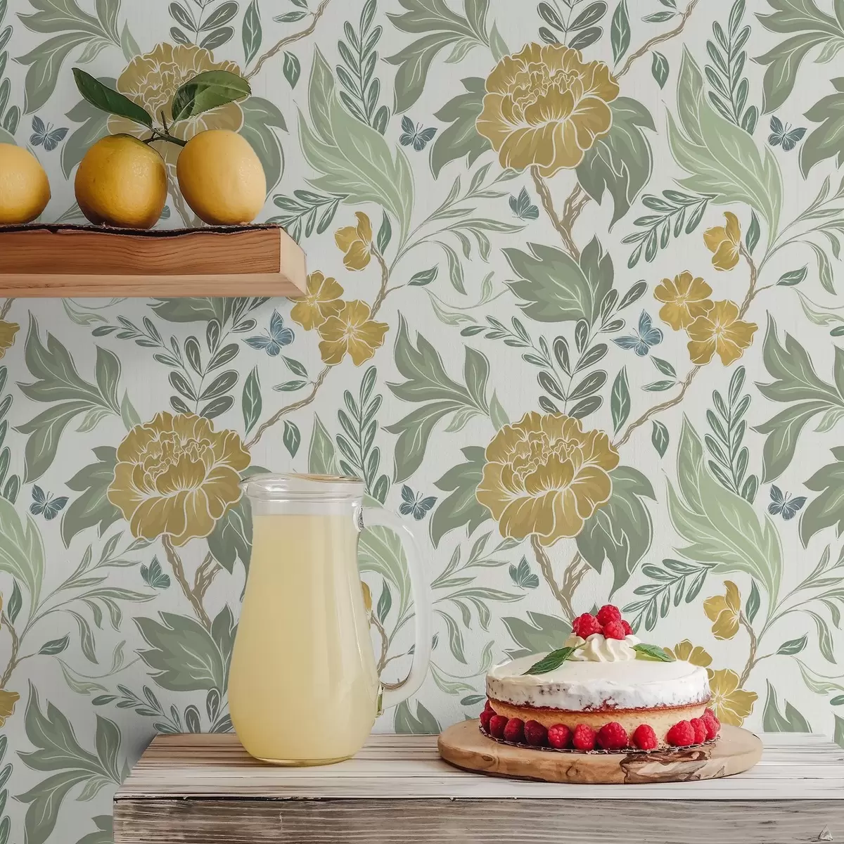 Tapety Velké žluté pivoňky a zeleň na světlém pozadí a00941