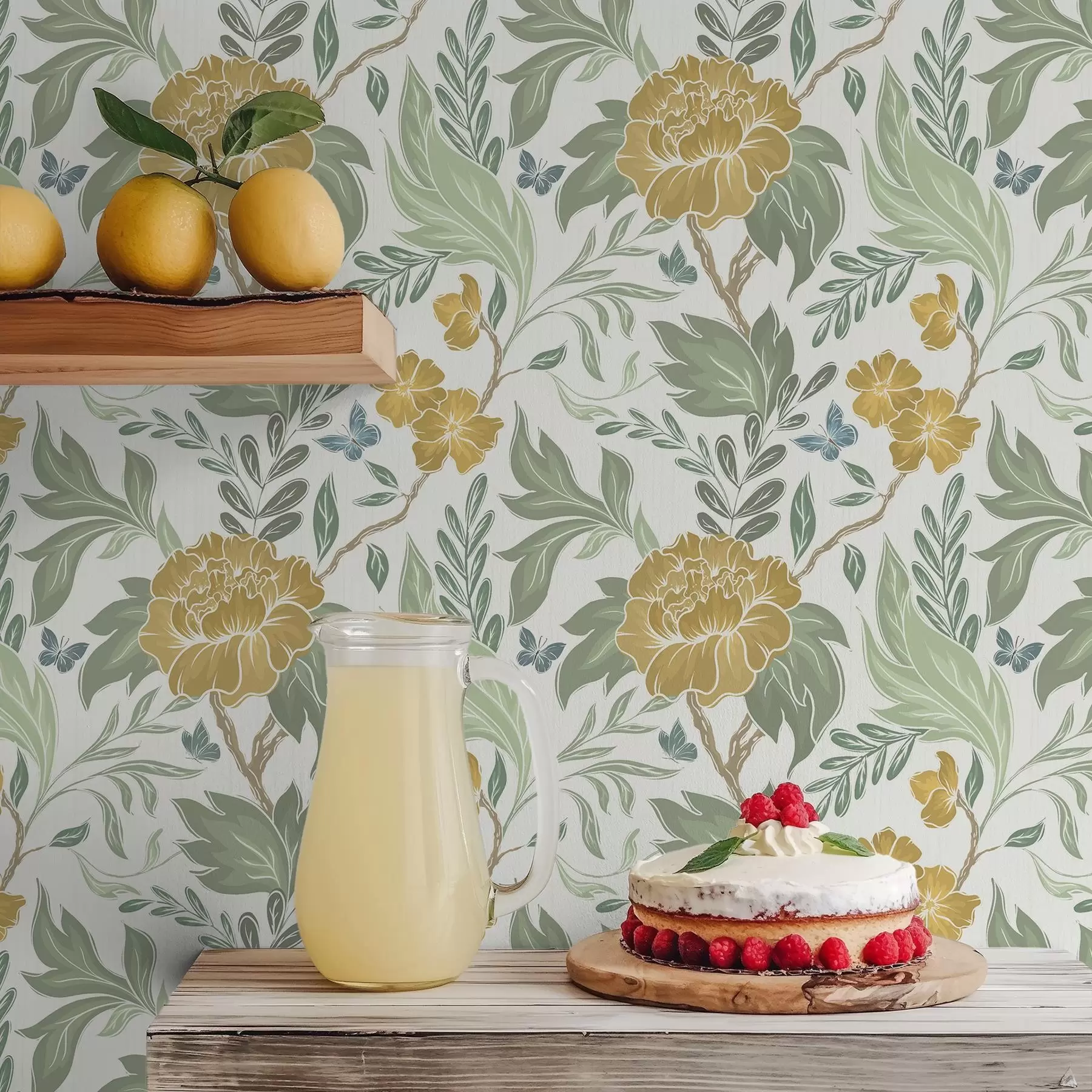 Fototapet Velké žluté pivoňky a zeleň na světlém pozadí a00941