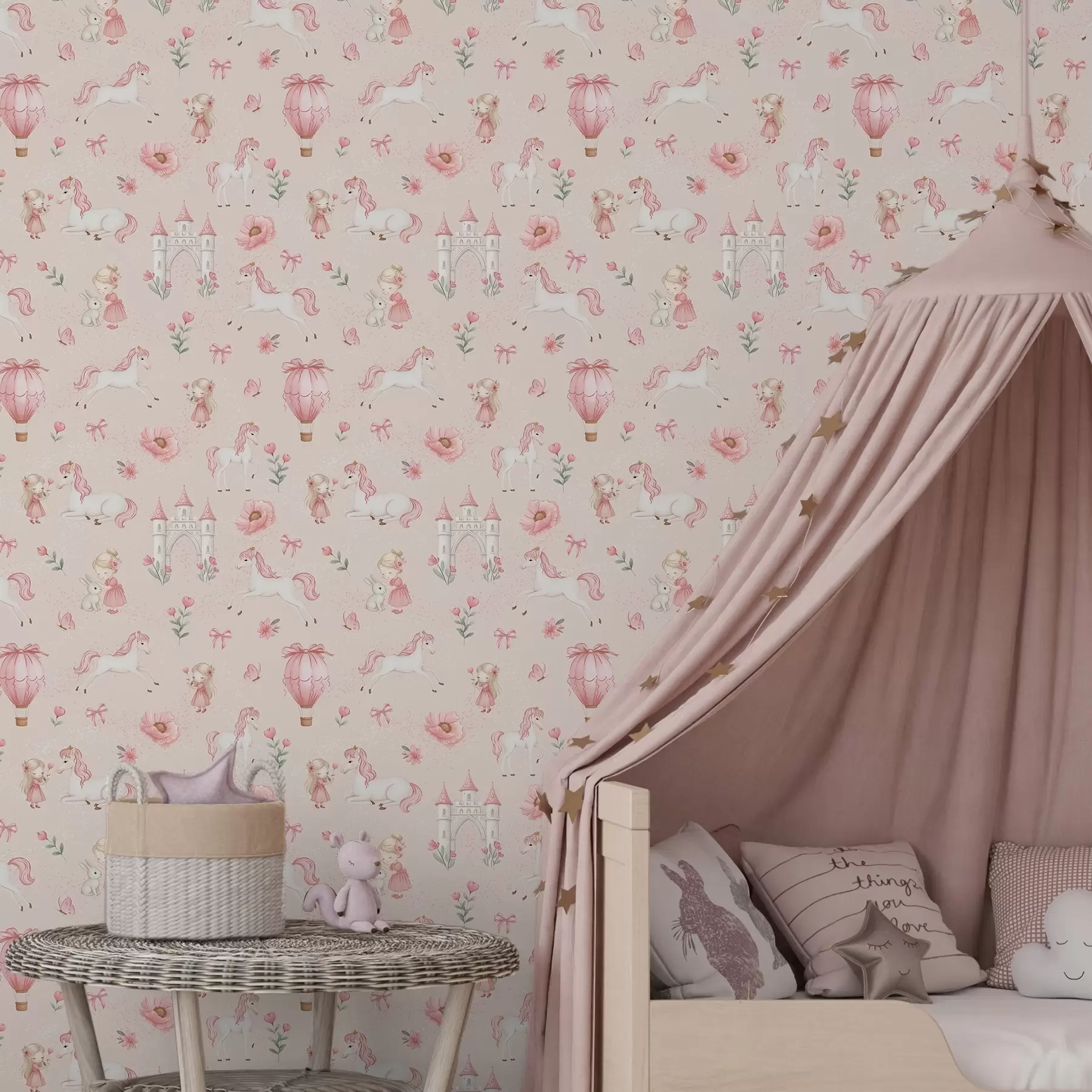 Fototapet Růžové jednorožce, malé holčičky a hrad na jemném pozadí a00957