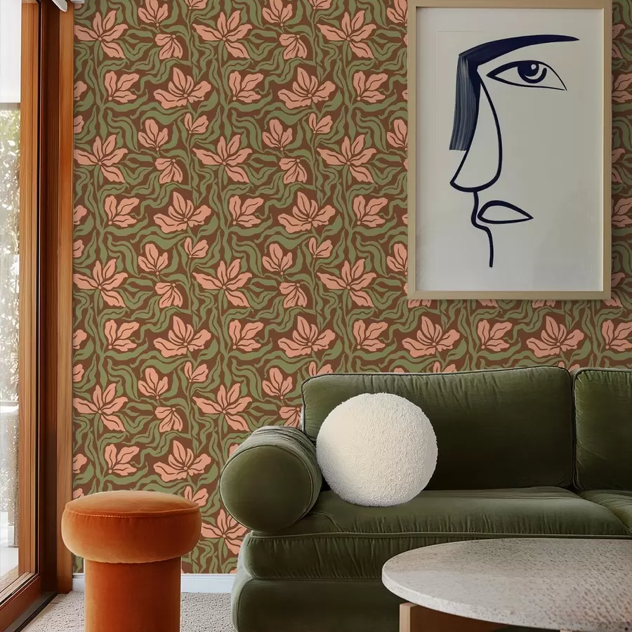 Fototapet Broskvové květy a zeleň na tmavě hnědém pozadí a00958v2