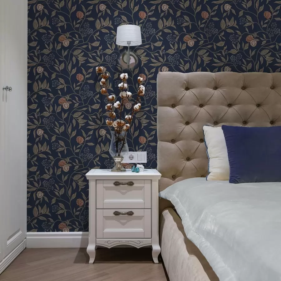 Fototapet Modrá zahrada s větvemi, plody a drobnými květy a00959