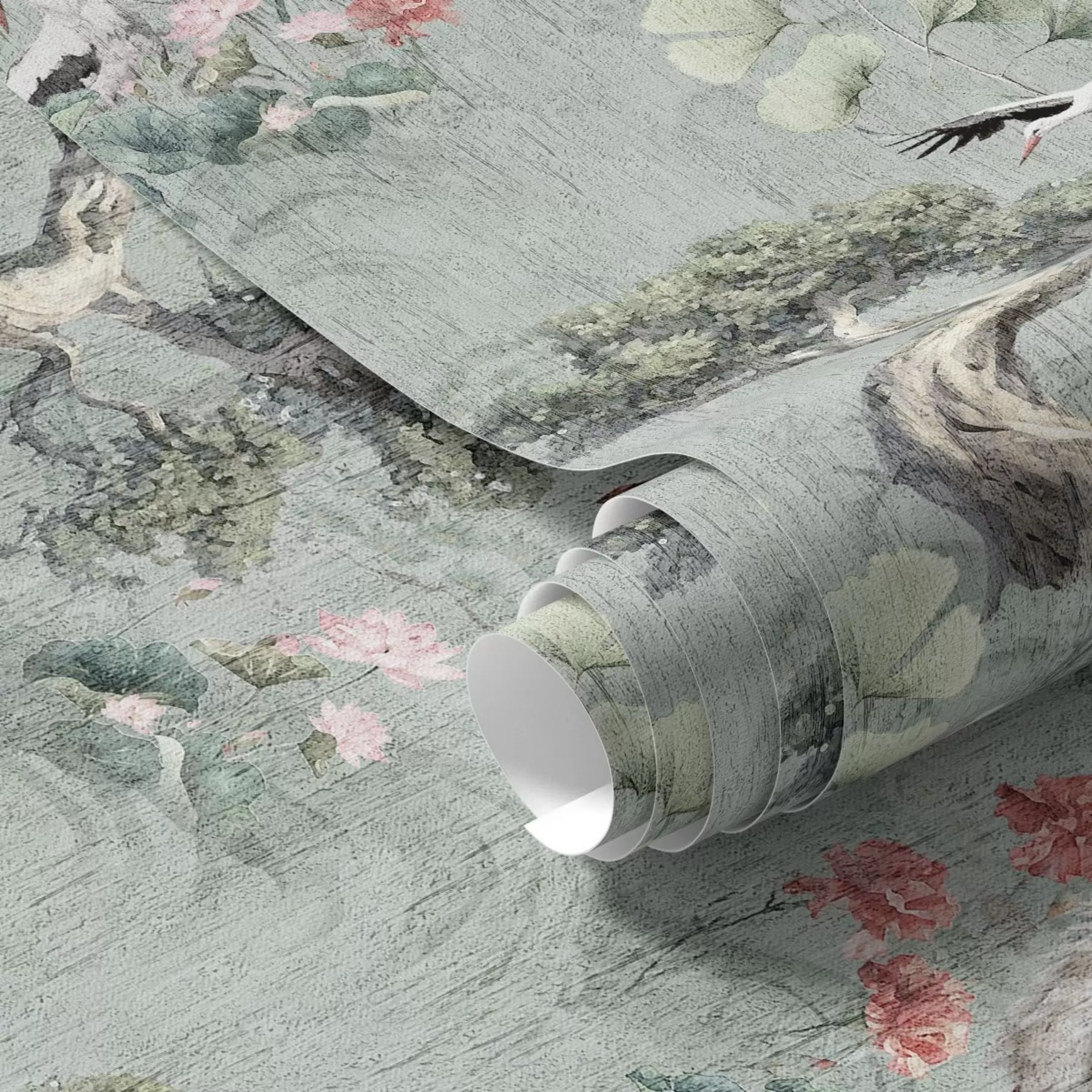 Fototapet Jeřábi mezi borovicemi a lotosy na klidném zeleném pozadí a00962