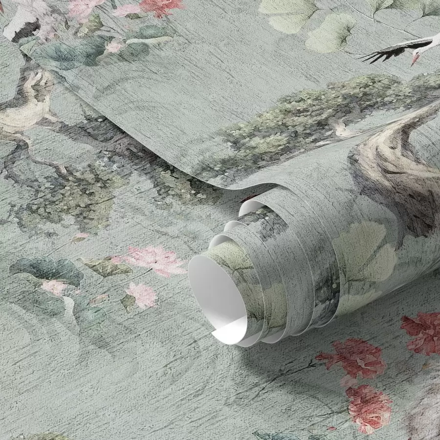 Fototapet Jeřábi mezi borovicemi a lotosy na klidném zeleném pozadí a00962