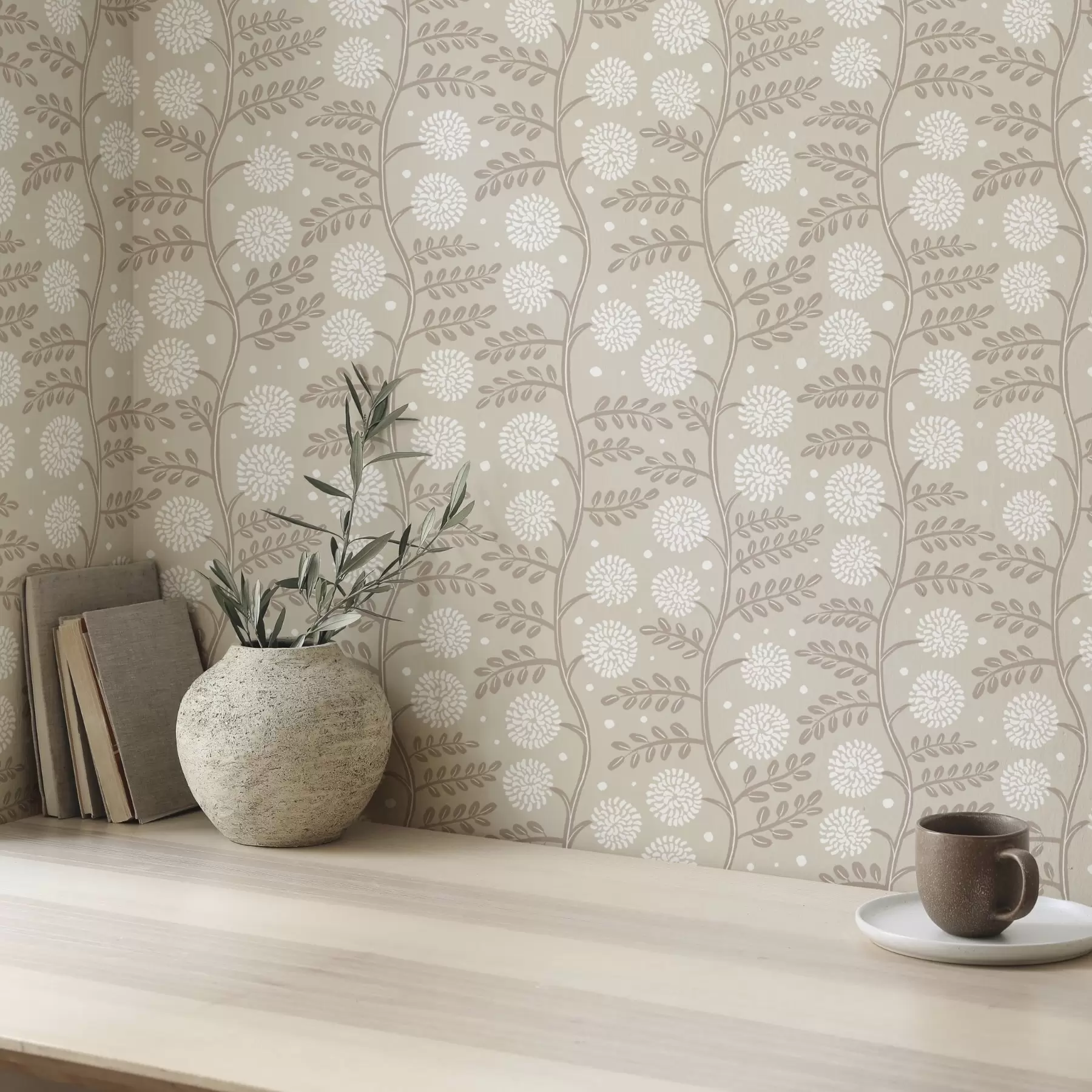 Fototapet Béžové stonky s bílými nadýchanými květy a jemnými tečkami a00997