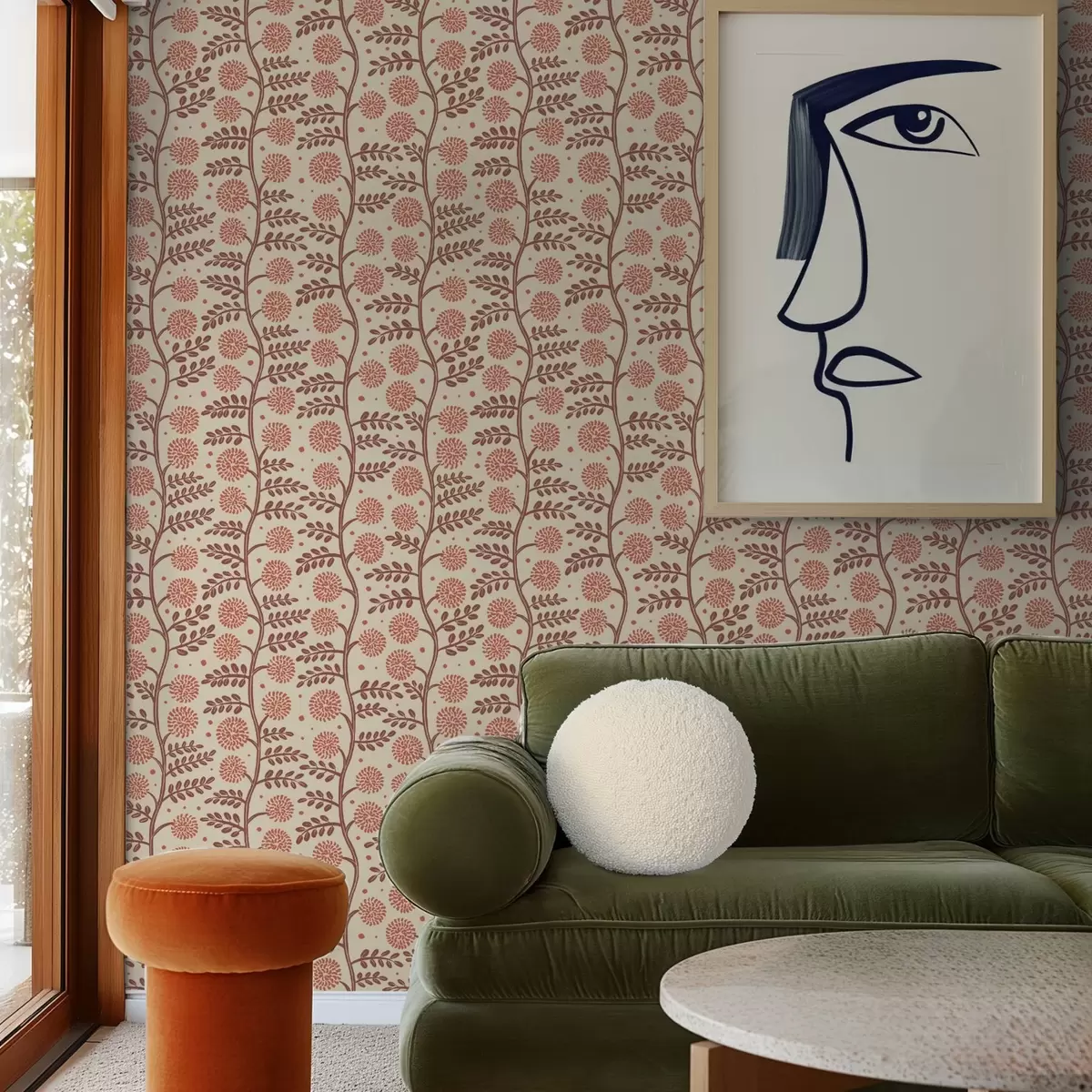 Tapety Terakotové stonky s korálovými načechranými květy na krémovém pozadí a00997v1