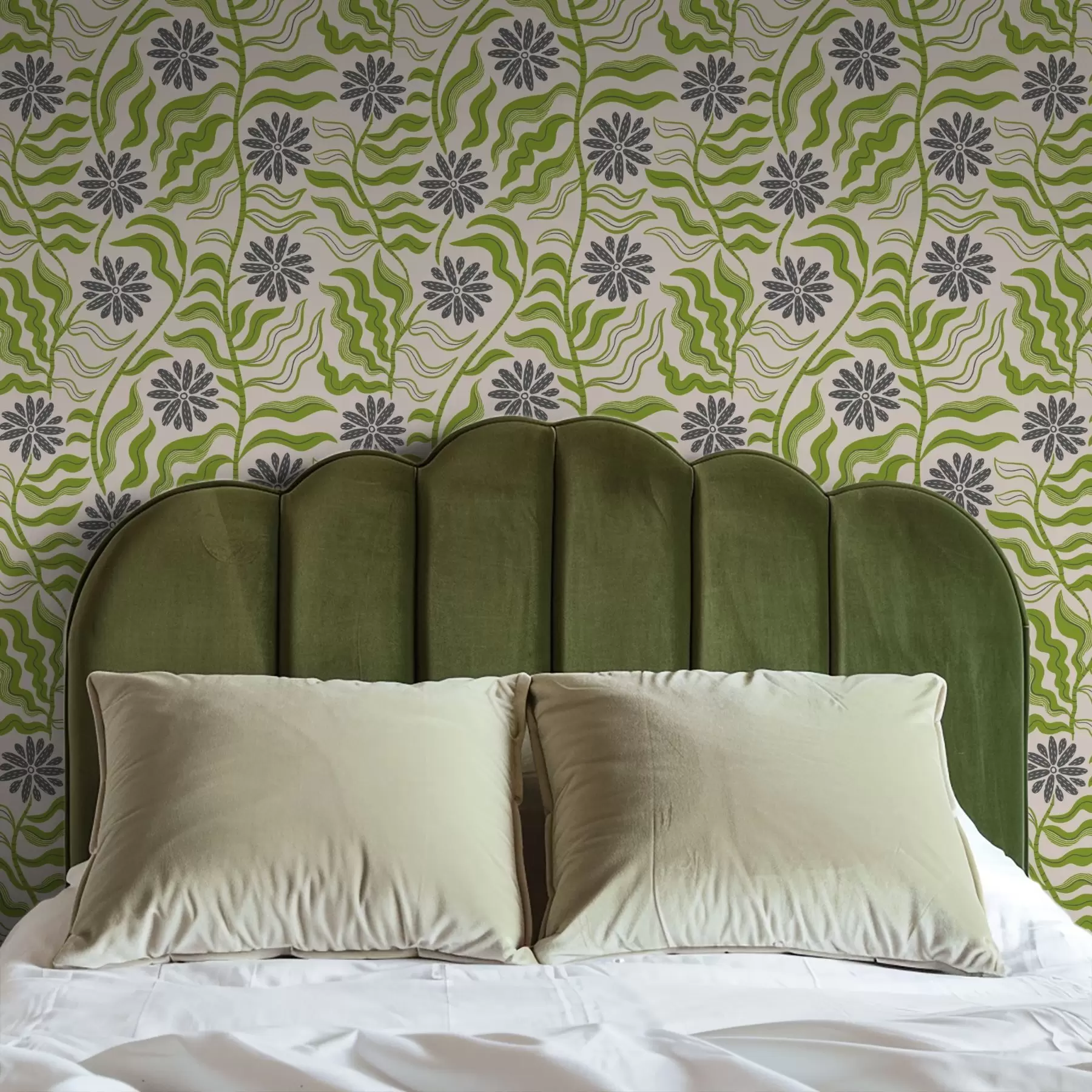 Fototapet Hravé zelené sedmikrásky s vlnitými listy na krémovém pozadí a00998