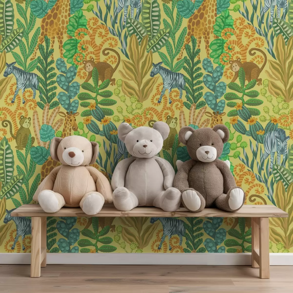 Tapety Žirafa, zebra a opice v jasně žluté savaně a01000v1