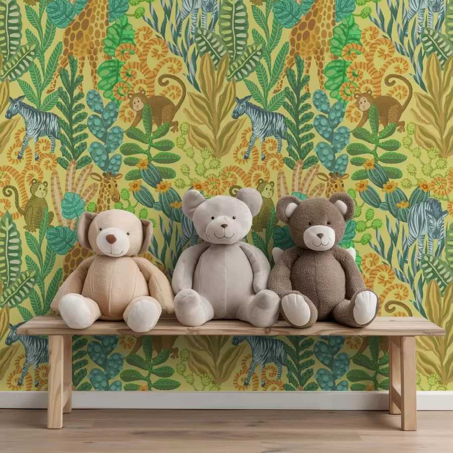 Fototapet Žirafa, zebra a opice v jasně žluté savaně a01000v1