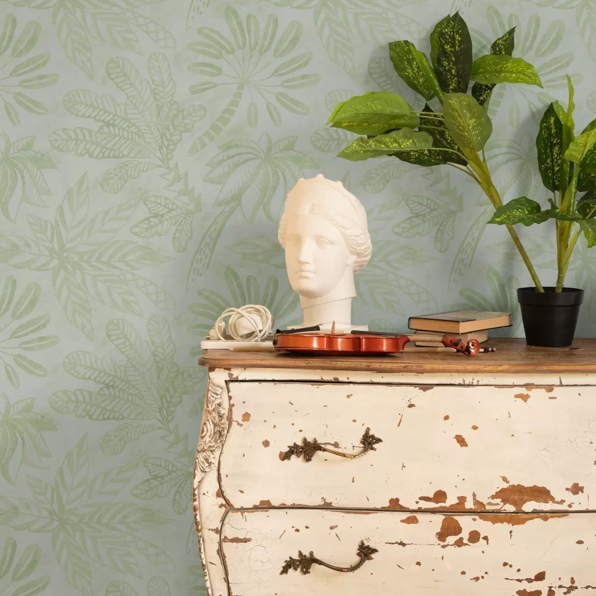 Tapety Nakreslené tropické listy v svěží světle zelené barvě a01001v1