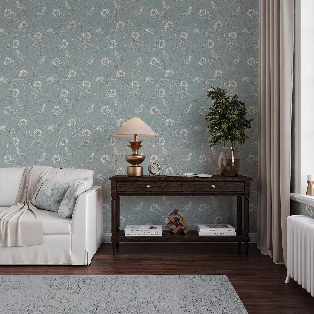 Tapety Ptáci nakreslení obrysy na větvích, tlumené modré pozadí a01022