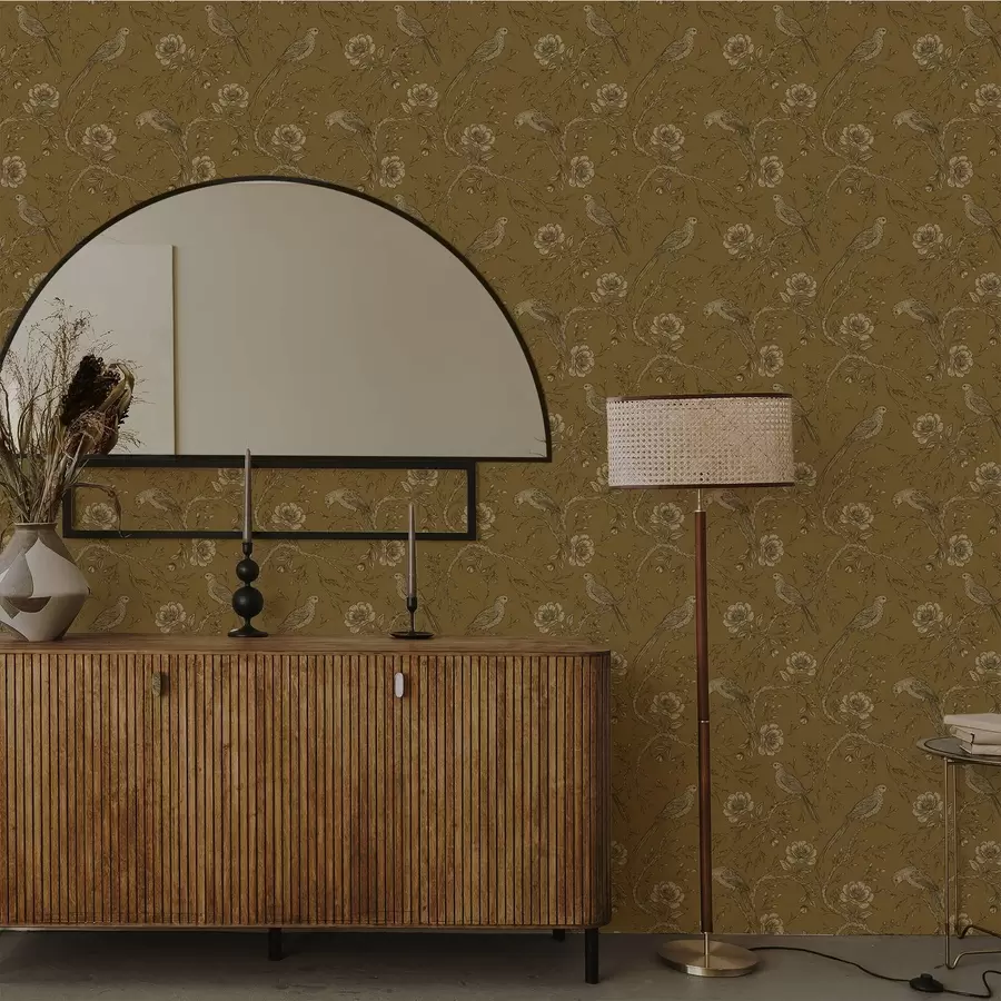 Fototapet Vintage ptáci a květiny na teplém olivovém pozadí a01022v1