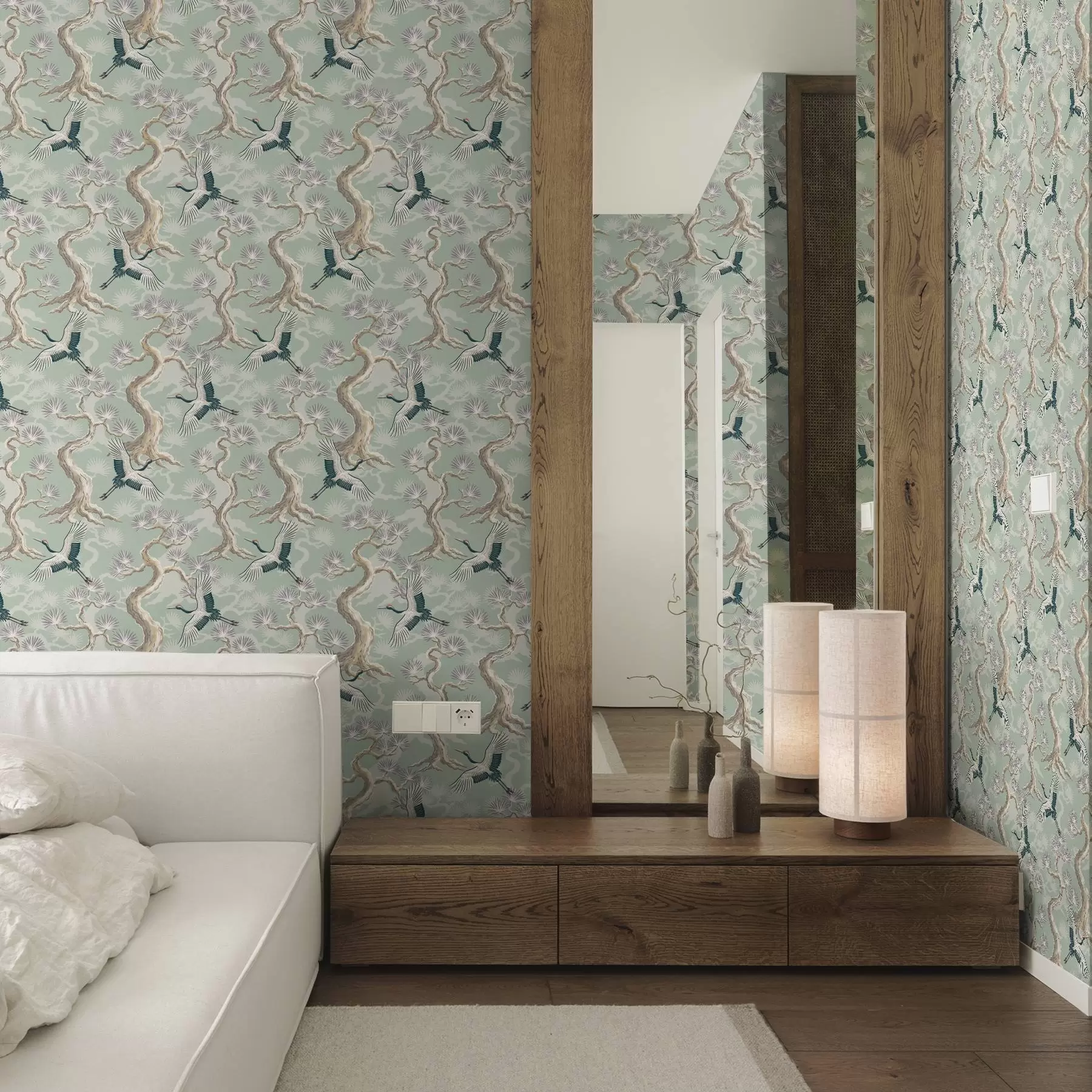 Fototapet Jeřábi mezi zakřivenými větvemi na jemném šalvějově zbarveném pozadí a01023