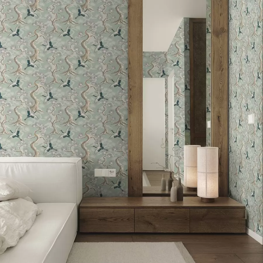 Fototapet Jeřábi mezi zakřivenými větvemi na jemném šalvějově zbarveném pozadí a01023