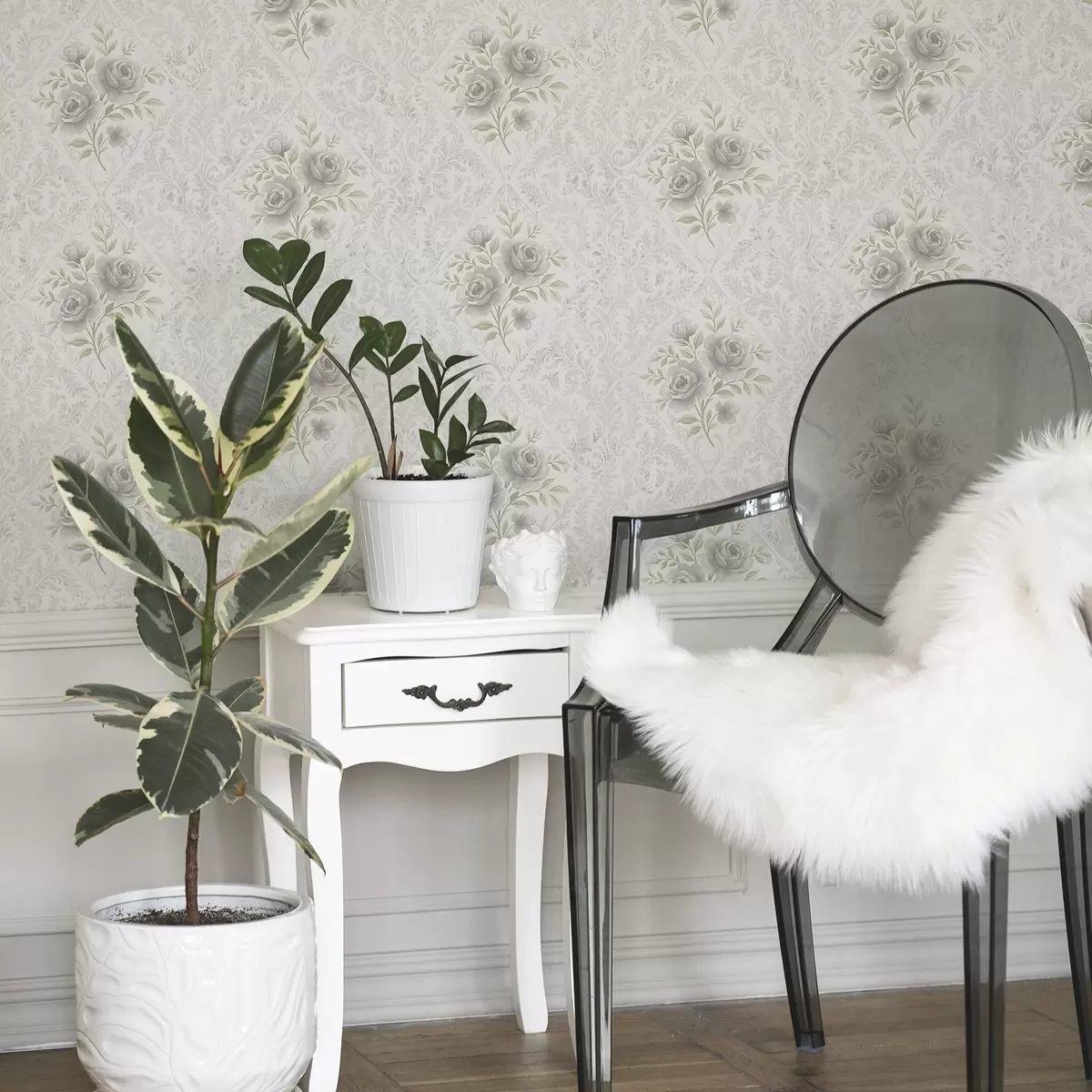 Tapety Světlý damaškový vzor se šedými růžemi v jemných kosočtvercích a01024