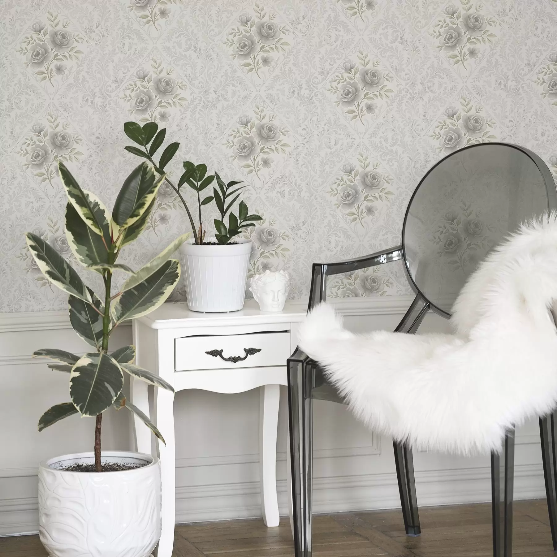 Fototapet Světlý damaškový vzor se šedými růžemi v jemných kosočtvercích a01024