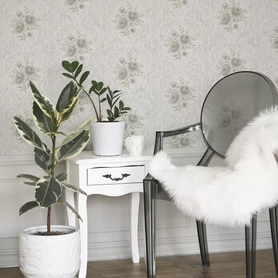 Fototapet Světlý damaškový vzor se šedými růžemi v jemných kosočtvercích a01024