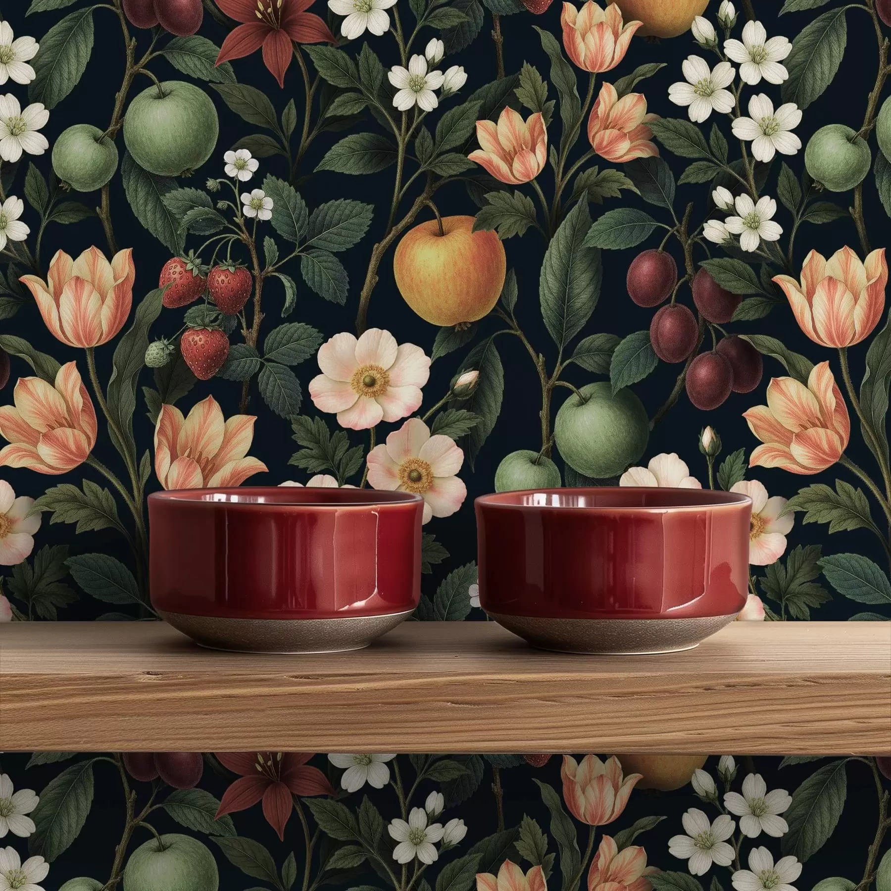 Fototapet Temná zahrada s květinami, zralými jablky a bobulemi a01034