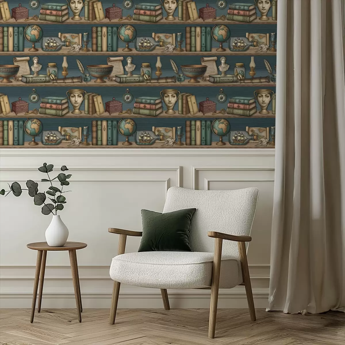 Tapety Vintage police s knihami, glóbusem a mořskými kuriozitami a01036