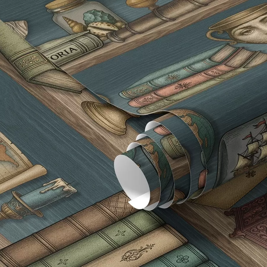 Fototapet Vintage police s knihami, glóbusem a mořskými kuriozitami a01036