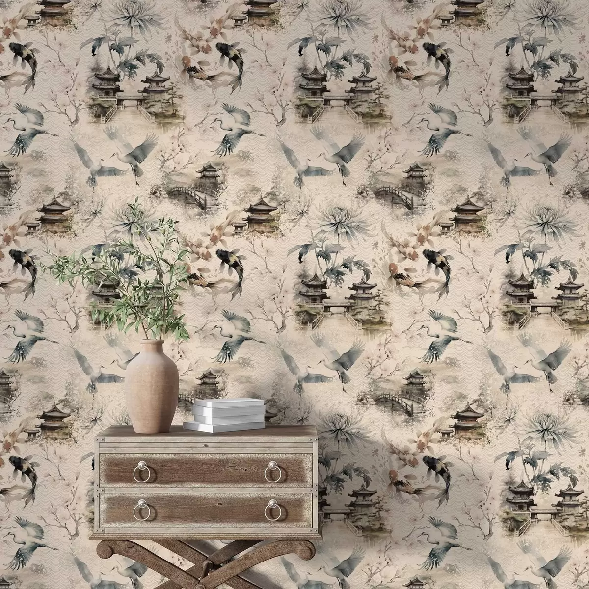 Tapety Japonské chrámy, kapři koi a jeřábi na jemném pozadí a01040