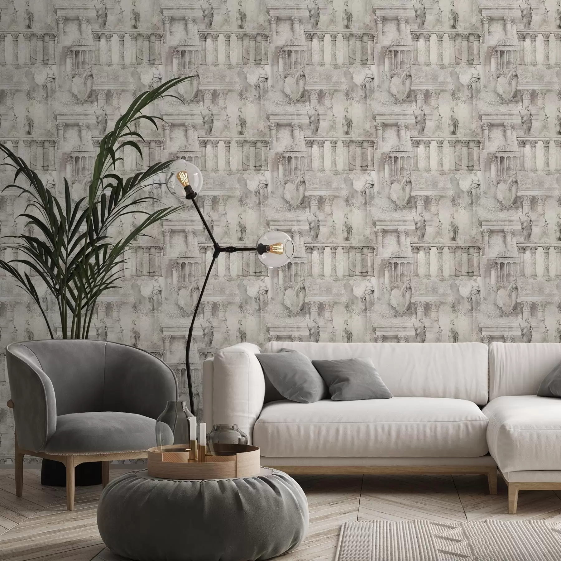 Fototapet Starožitné sochy a sloupy v jemných béžovo-šedých tónech a01041