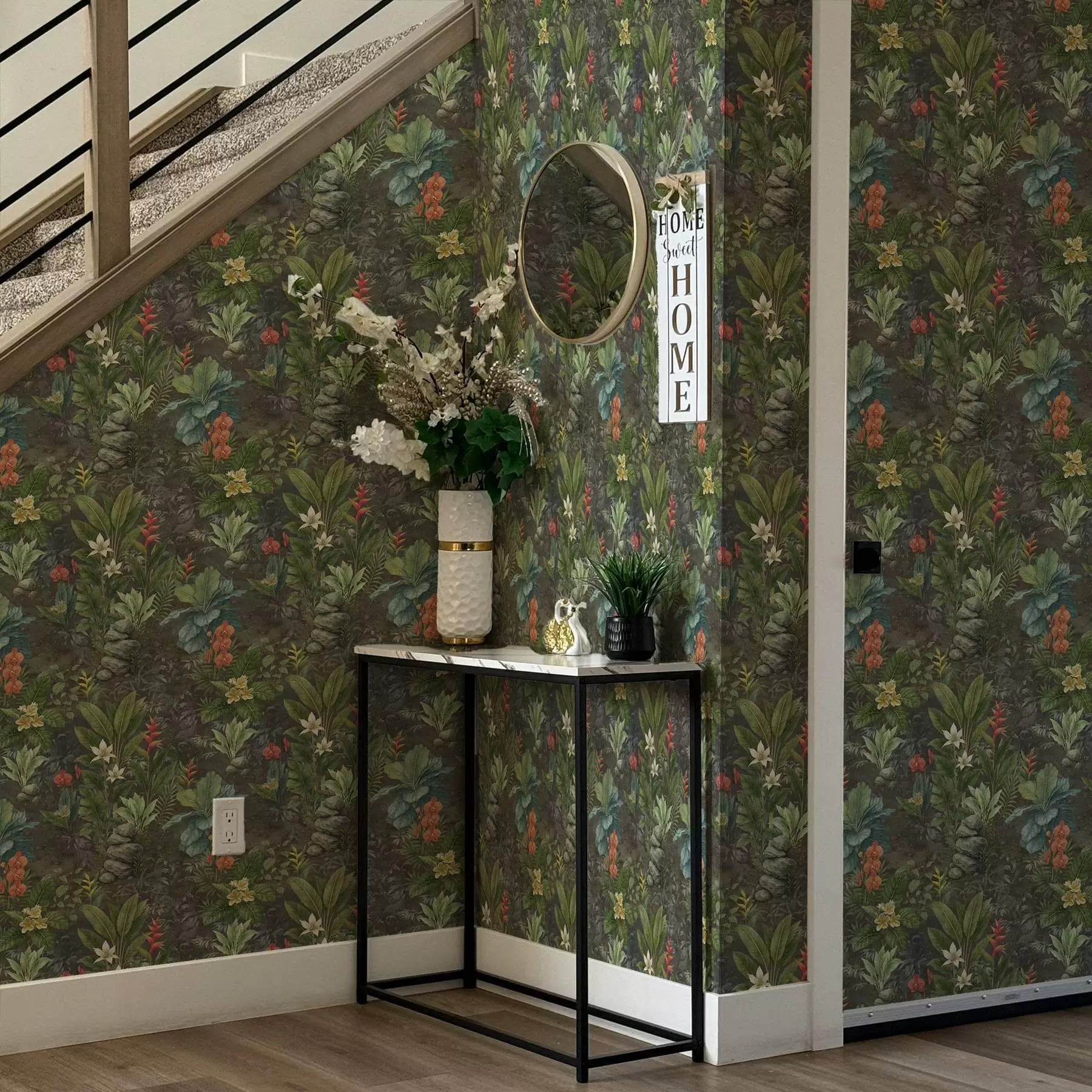 Fototapet Temná tropická zahrada s jasnými květinami a listovím a01079