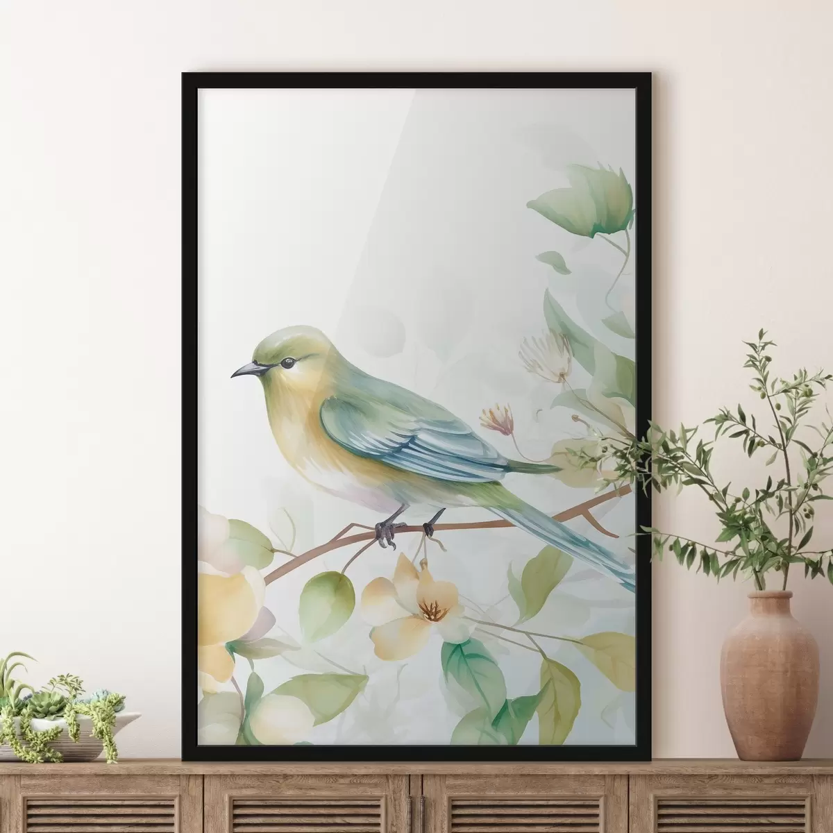Poster Sýkorka na větvi, imitace akvarelu f46892