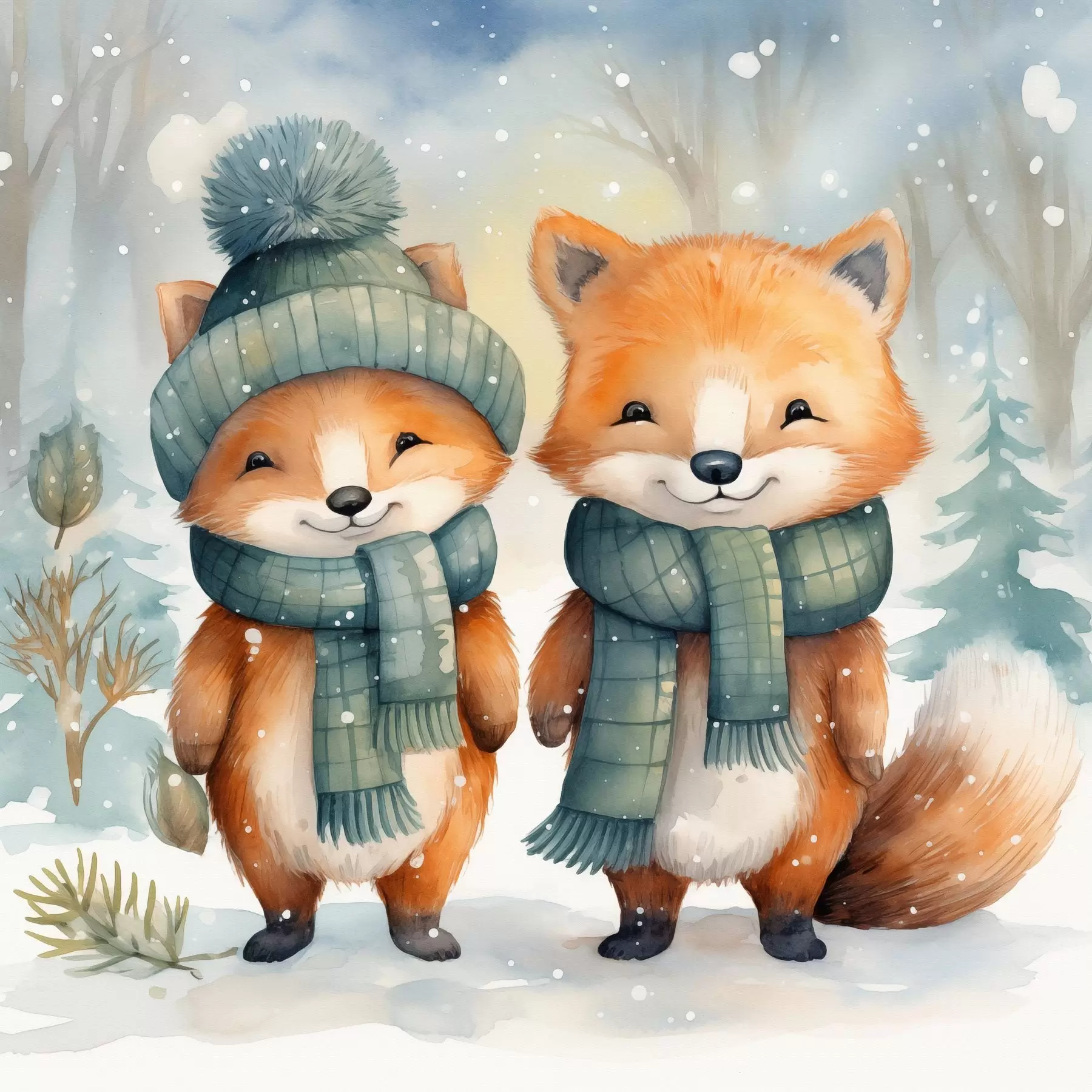 Fototapet Dvě malé lišky, imitace akvarelu f46969