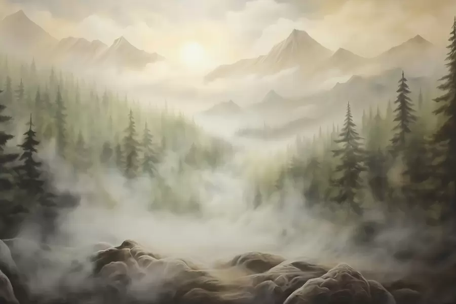 Fototapet Les v mlze na pozadí hor w04730