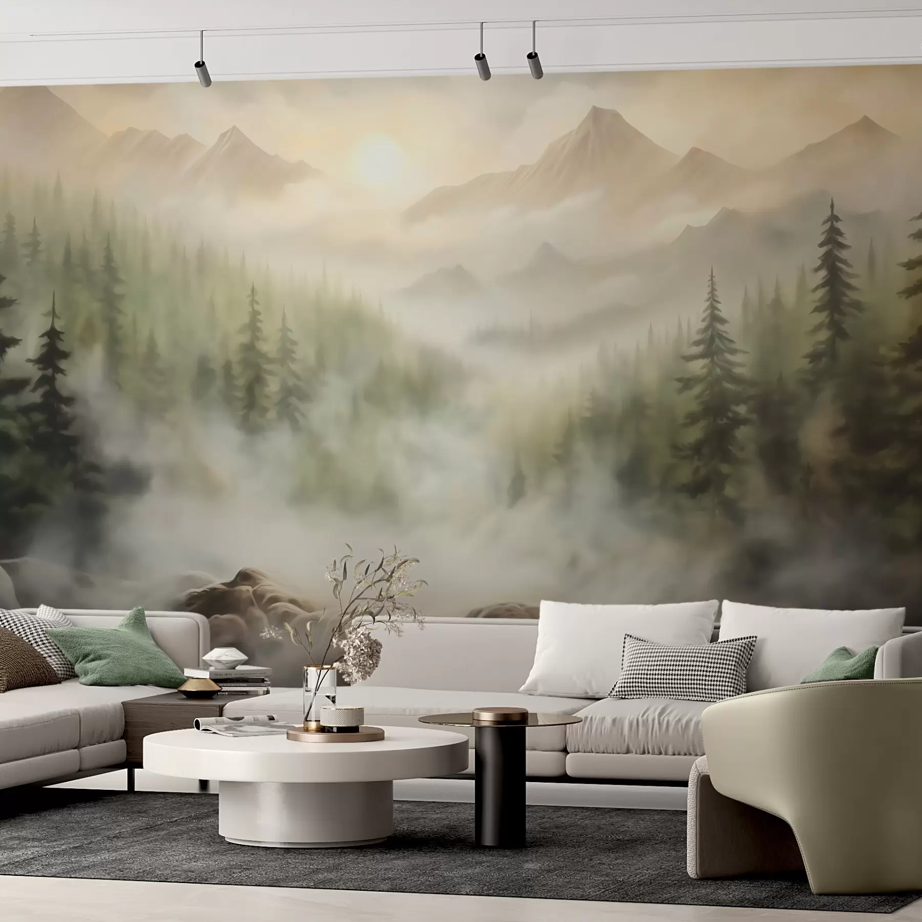 Fototapet Les v mlze na pozadí hor w04730