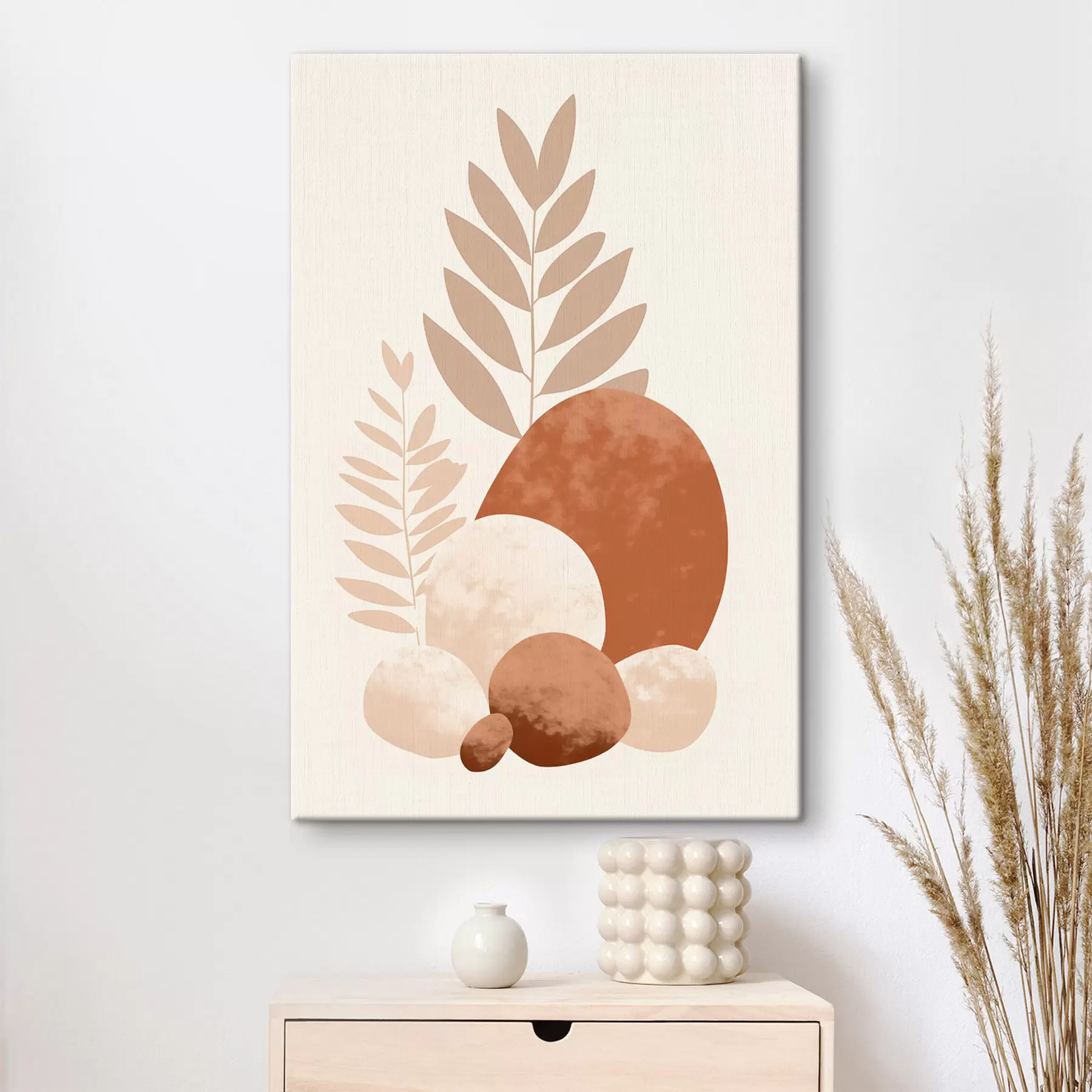 Obraz Abstraktní tvary, texturované kameny a listy v tlumených broskvových a terakotových tónech, minimalistické, krémové pozadí Č. s47013