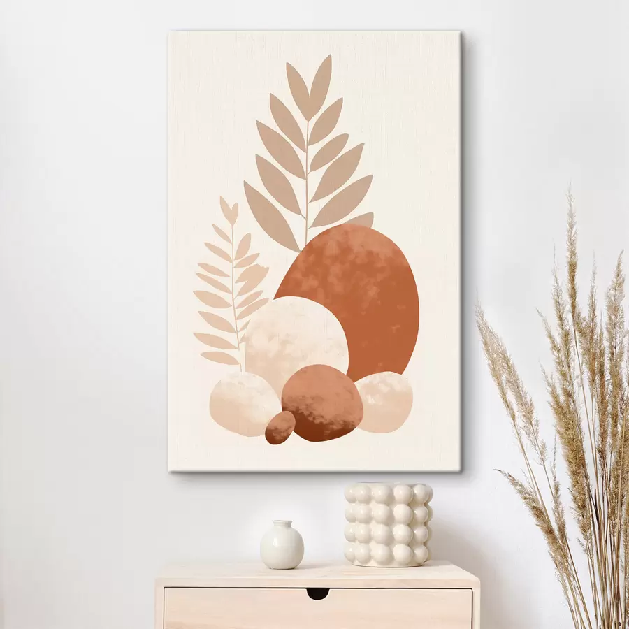 Obraz Abstraktní tvary, texturované kameny a listy v tlumených broskvových a terakotových tónech, minimalistické, krémové pozadí Č. s47013