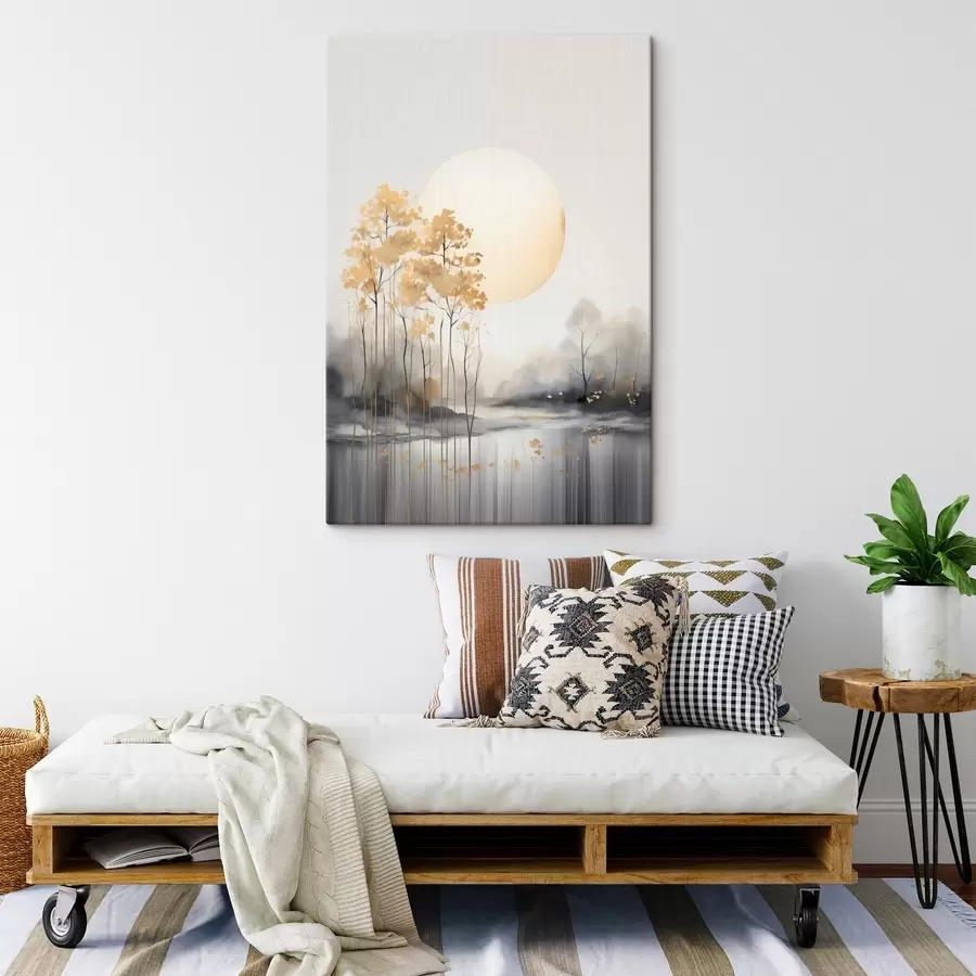 Obraz Dekorativní abstraktní krajina, vysoké stromy se žlutými listy, řeka a mlha v pozadí Č. s47014
