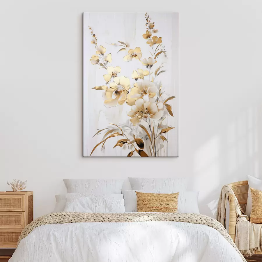 Obraz Žluté květy a listy s texturou na bílém pozadí, s jemnými tahy štětcem Č. s47016