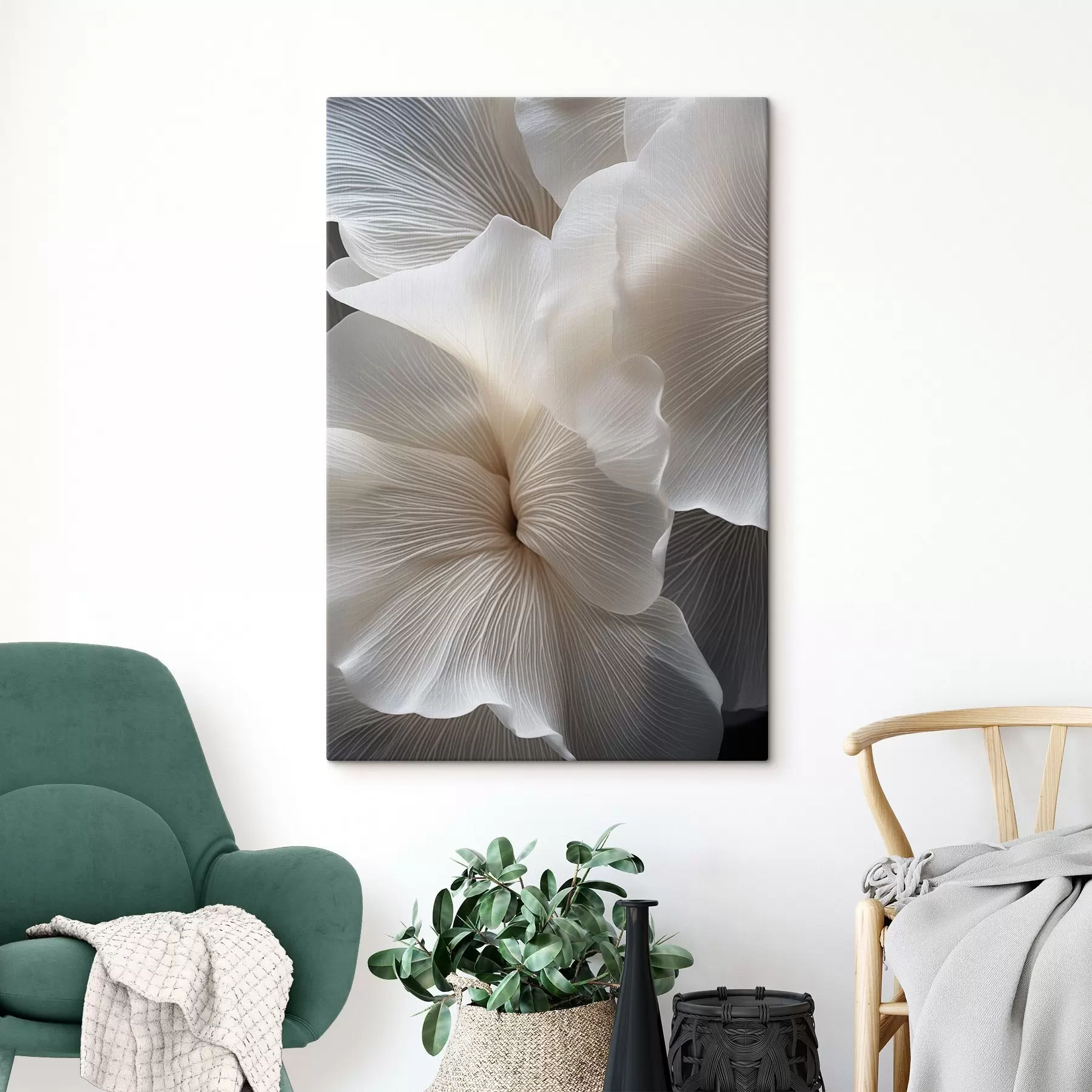 Obraz Detailní záběr jemných abstraktních bílých okvětních lístků s komplikovanými liniemi a rozmazaným tmavým pozadím Č. s47019