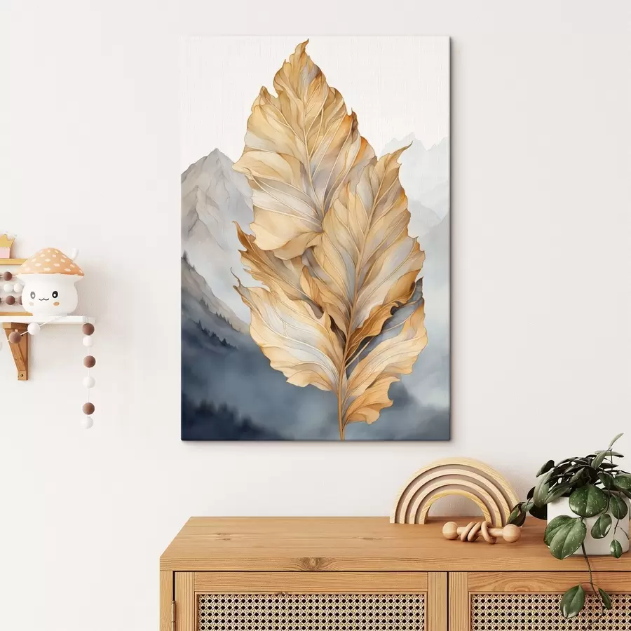 Obraz Abstraktní velké žluté a hnědé listy se složitými detaily na pozadí horské krajiny Č. s47022