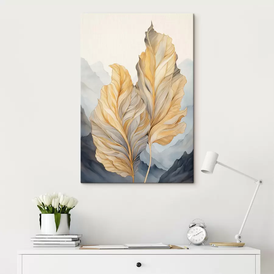 Obraz Abstraktní velké žluté a hnědé listy se složitými detaily na pozadí horské krajiny Č. s47023