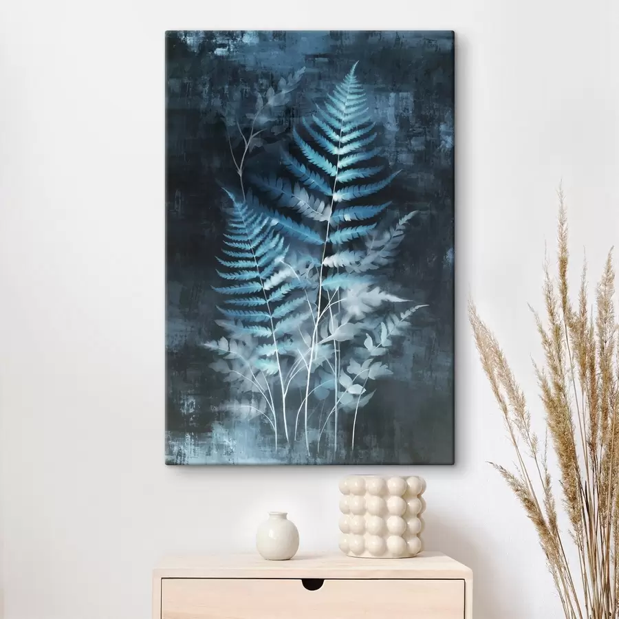 Obraz Modré kapradiny a rostliny na tmavém, strukturovaném pozadí, s důrazem na složité detaily, rentgenový efekt Č. s47026