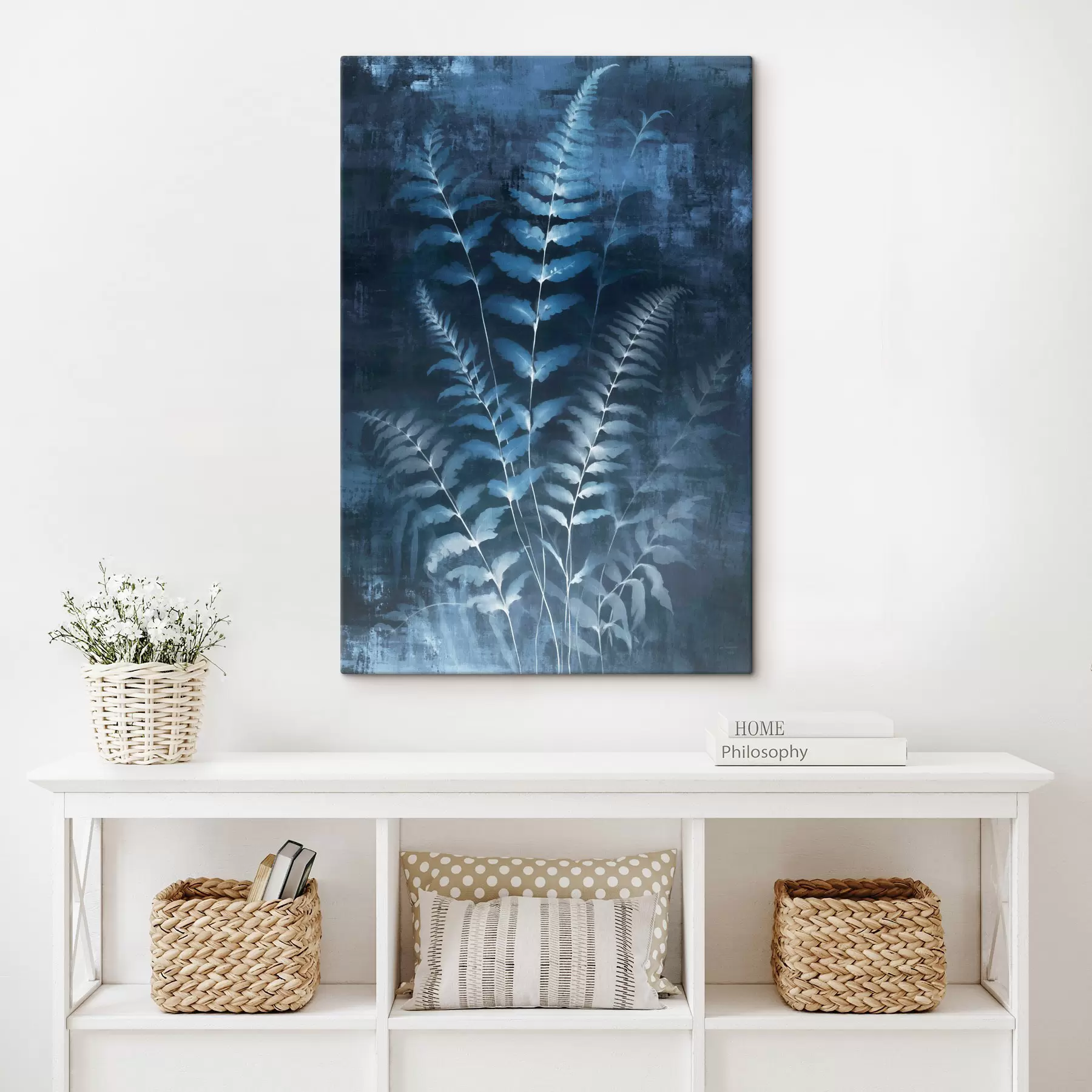 Obraz Modré kapradiny a rostliny na tmavém, strukturovaném pozadí, s důrazem na složité detaily, rentgenový efekt Č. s47027