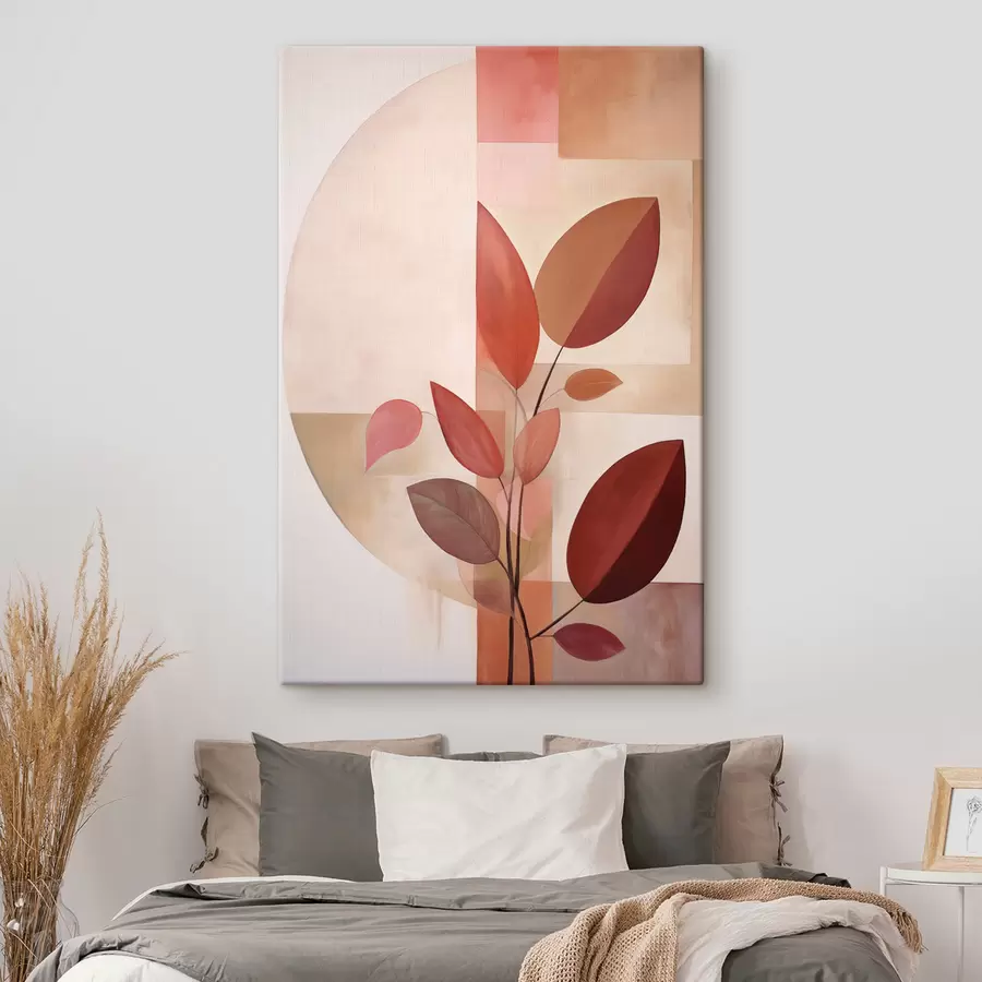 Obraz Abstraktní rostlina s červenými listy na pozadí geometrických tvarů a jemných, tlumených barev Č. s47041