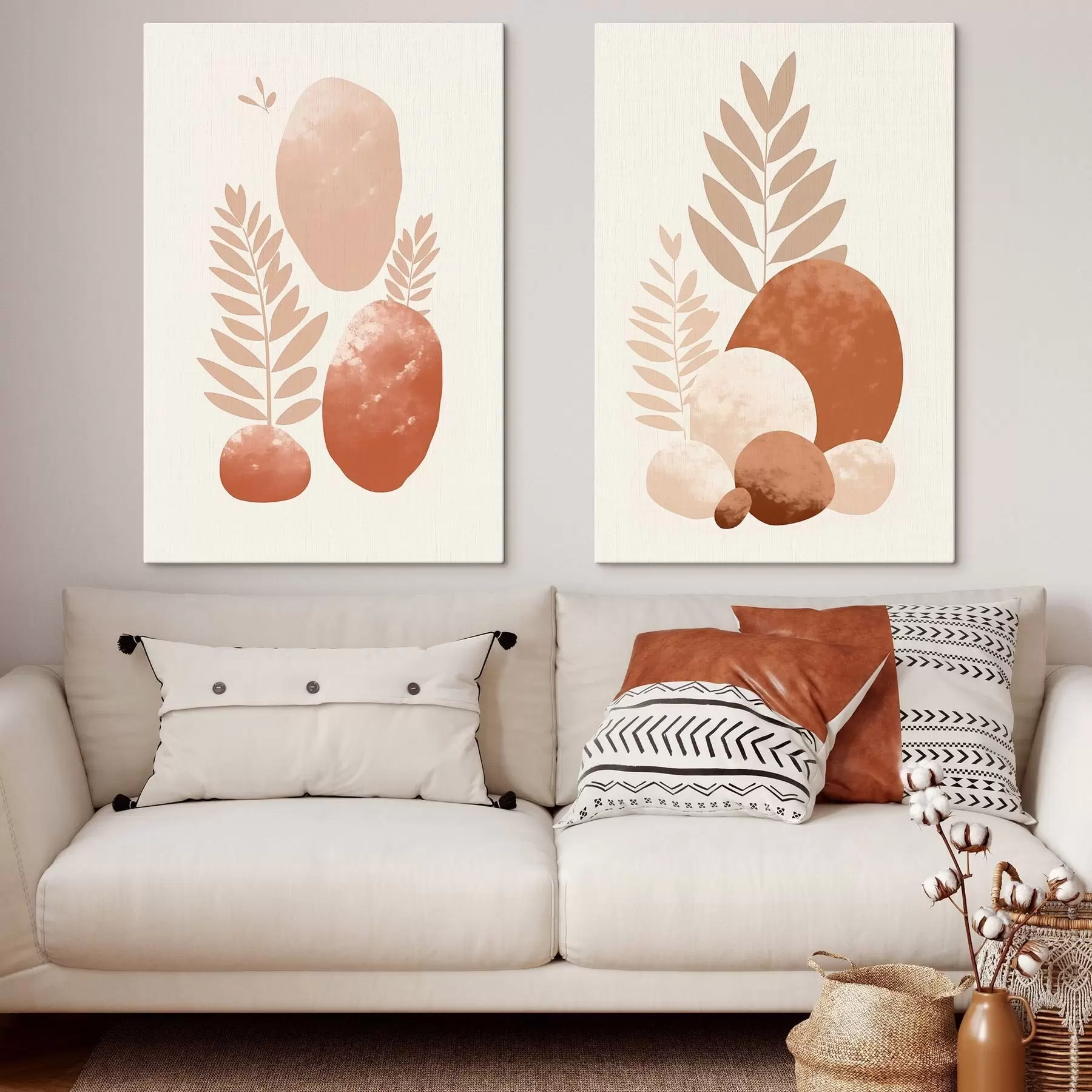Obraz Abstraktní tvary, texturované kameny a listy v tlumených broskvových a terakotových tónech, minimalistické, krémové pozadí Č. m01114
