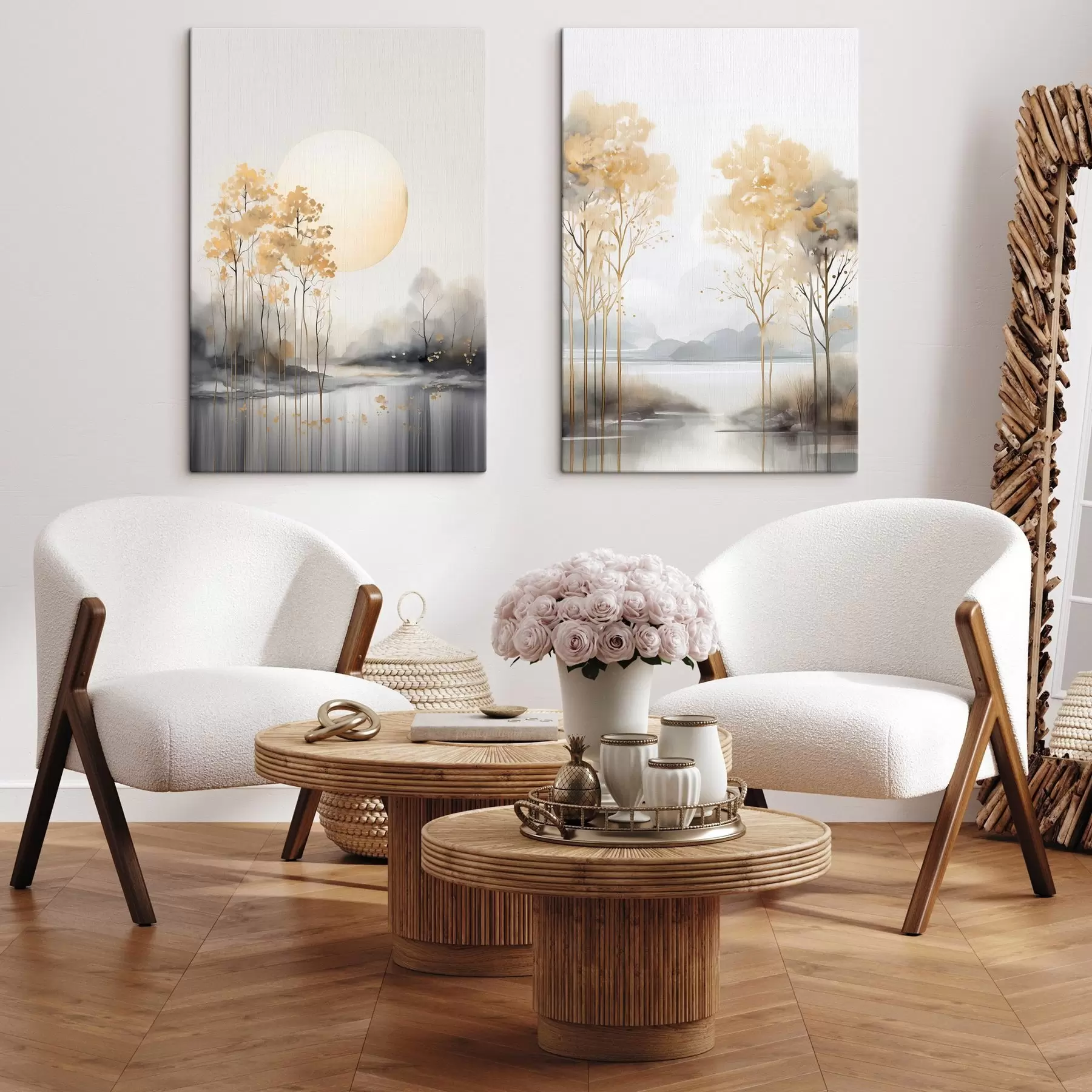 Obraz Dekorativní abstraktní krajina, vysoké stromy se žlutými listy, řeka a mlha v pozadí Č. m01115