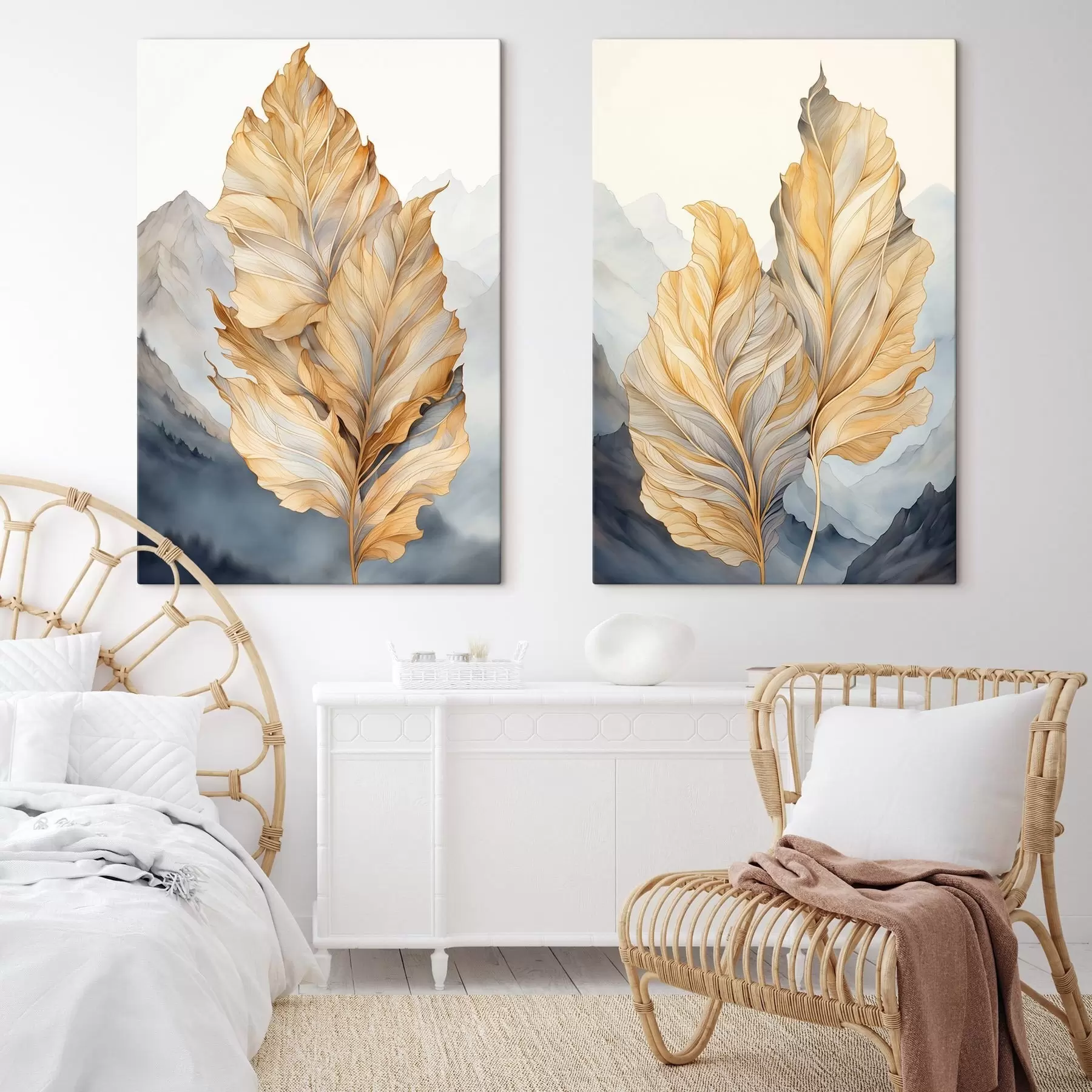 Obraz Abstraktní velké žluté a hnědé listy se složitými detaily na pozadí horské krajiny Č. m01119