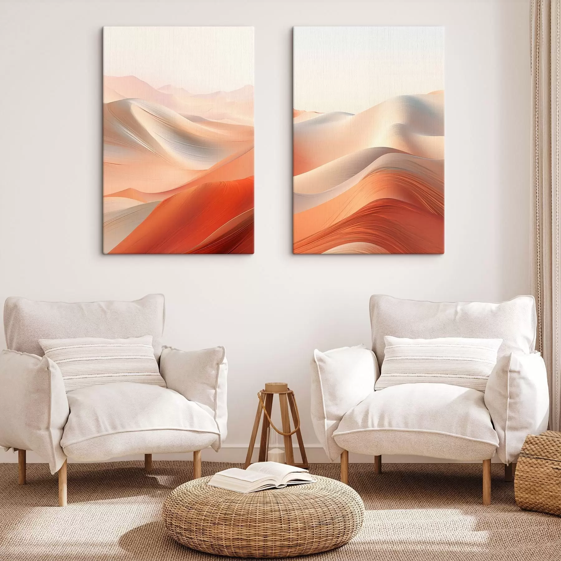 Obraz Abstraktní pouštní krajina s vlnícími se písečnými dunami v teplých oranžových a bílých tónech Č. m01123